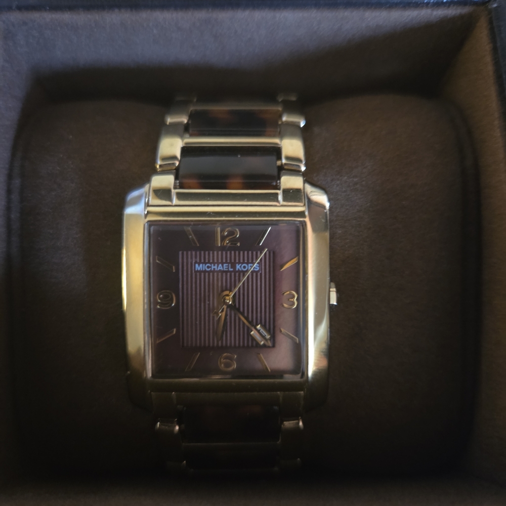 Michael Kors Gold-Tone Watch with Brown Dial and Tortoiseshell Links